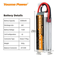 Load image into Gallery viewer, Youme 4S Lipo 14.8V 6500mah Battery T Deans EC5 XT60 XT90 60C
