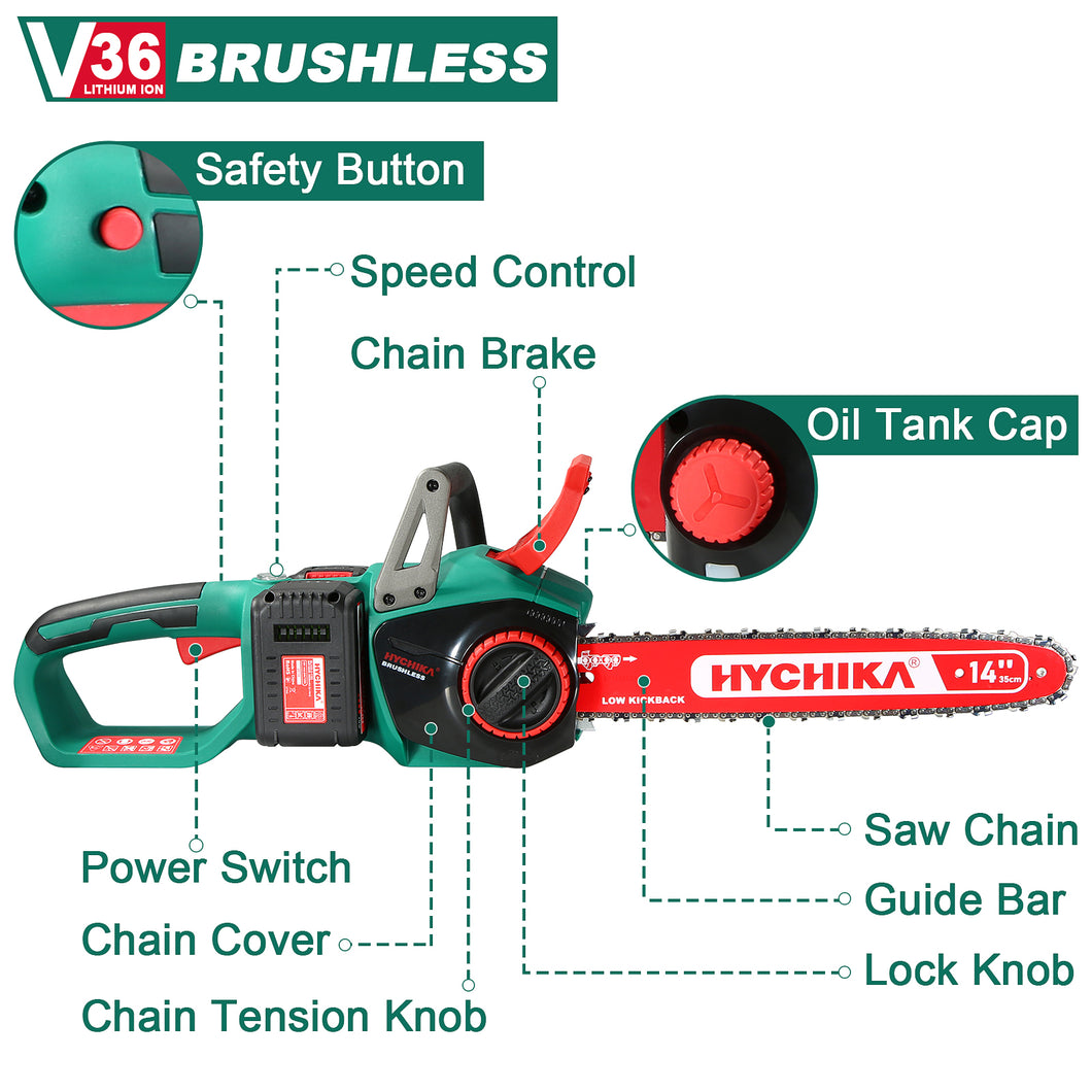 HYCHIKA 36V Brushless Chainsaw With Fast Charger