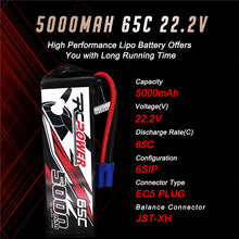 Load image into Gallery viewer, RCPOWER 3S 4S 6S 5000mAh 11.1V 22.2V Lipo Battery 65C With EC5 Plug - outdorrz
